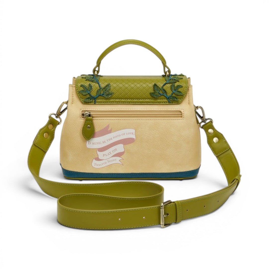 The Happy Shoe Shop Vendula London Shakespeare's Twelfth Night Mini Grace bag in beige vegan leather with green accents and embroidered details.