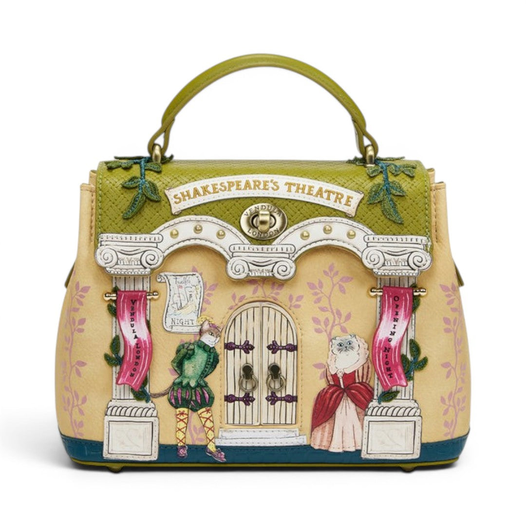 The Happy Shoe Shop Vendula London Shakespeare's Theatre bag with cat characters in costume, yellow, green, and pink.