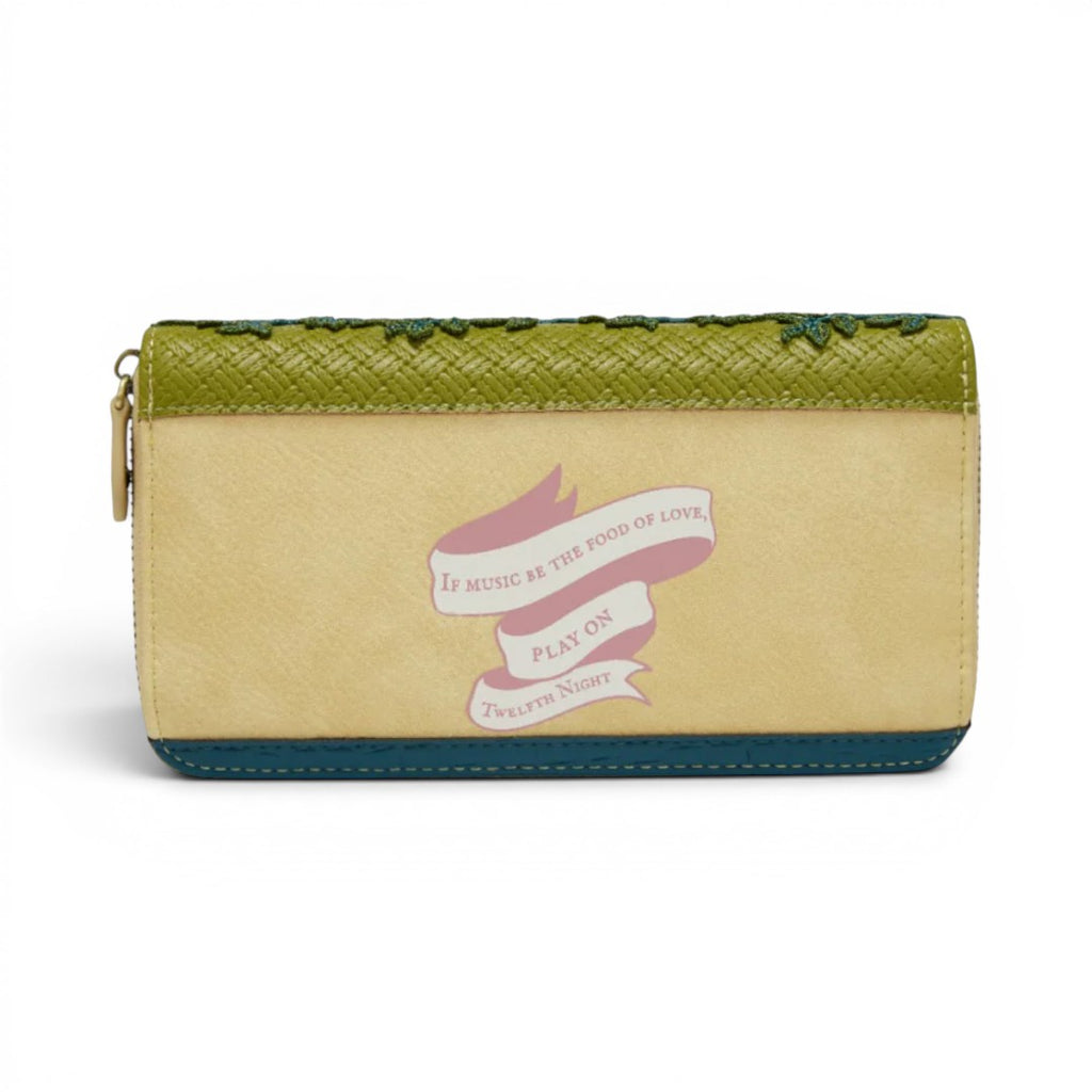 The Happy Shoe Shop Vendula London Shakespeare's Twelfth Night large ziparound wallet in beige vegan leather with green trim and a pink ribbon graphic.