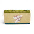 The Happy Shoe Shop Vendula London Shakespeare's Twelfth Night large ziparound wallet in beige vegan leather with green trim and a pink ribbon graphic.