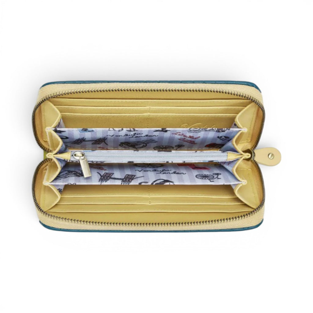 The Happy Shoe Shop Vendula London Shakespeare's Twelfth Night ziparound wallet, yellow vegan leather with blue trim and printed lining.
