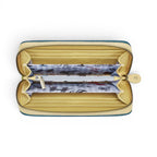 The Happy Shoe Shop Vendula London Shakespeare's Twelfth Night ziparound wallet, yellow vegan leather with blue trim and printed lining.