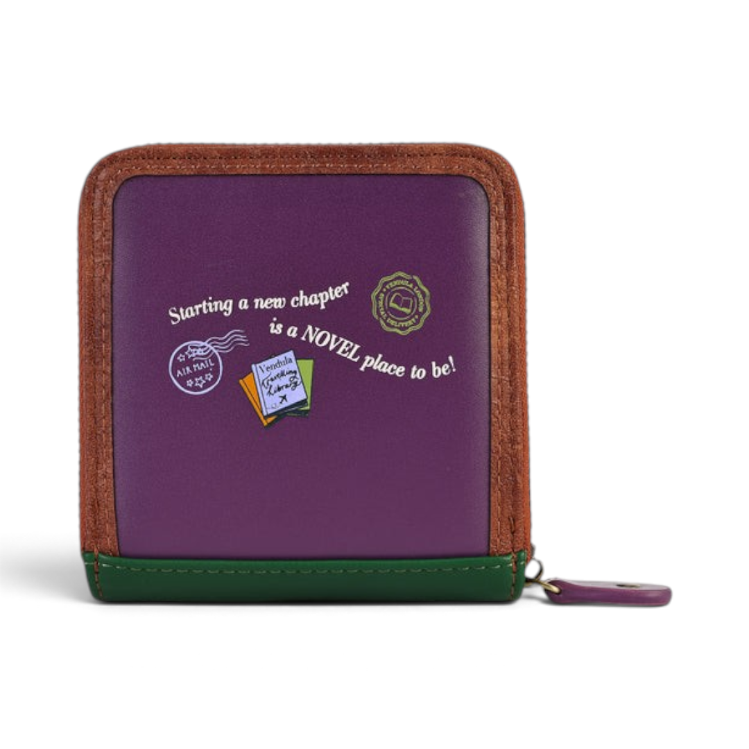 The Happy Shoe Shop Vendula London purple square wallet with bookshop-themed print and brown trim