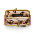 The Happy Shoe Shop Vendula Sewing Shop raspberry vegan leather coin purse with open double compartments and gold clasp.