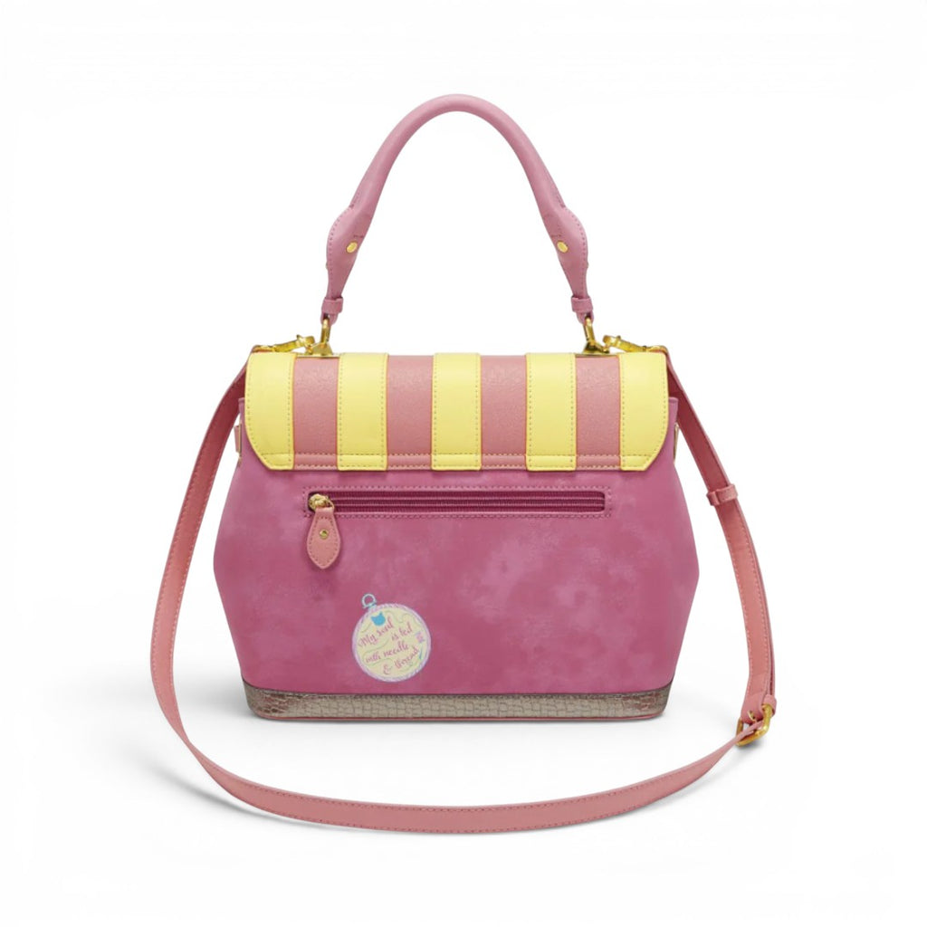 The Happy Shoe Shop Vendula London Sewing Shop Grace Bag in raspberry pink and yellow vegan leather with gold hardware.