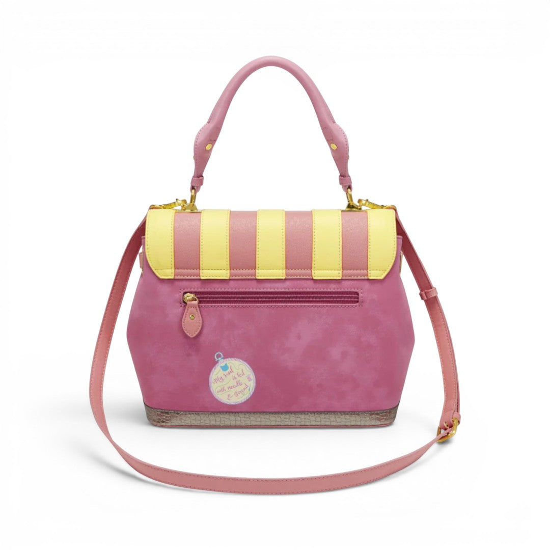 The Happy Shoe Shop Vendula London Sewing Shop Grace Bag in raspberry pink and yellow vegan leather with gold hardware.