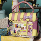 The Happy Shoe Shop Vendula Sewing Shop Grace Bag in raspberry and cream vegan leather with vintage haberdashery detail