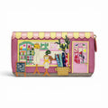 The Happy Shoe Shop Vendula London raspberry vegan leather ziparound wallet with sewing shop applique details.