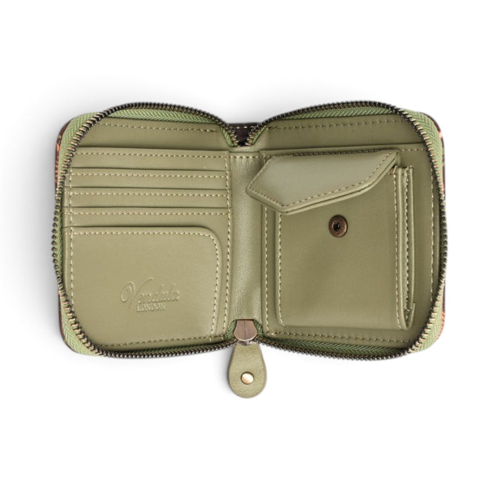 The Happy Shoe Shop Vendula London flower shop square wallet in sage green vegan leather with open interior view
