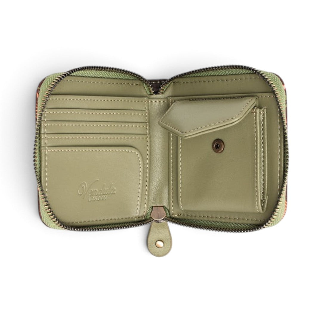 The Happy Shoe Shop Vendula London flower shop square wallet in sage green vegan leather with open interior view