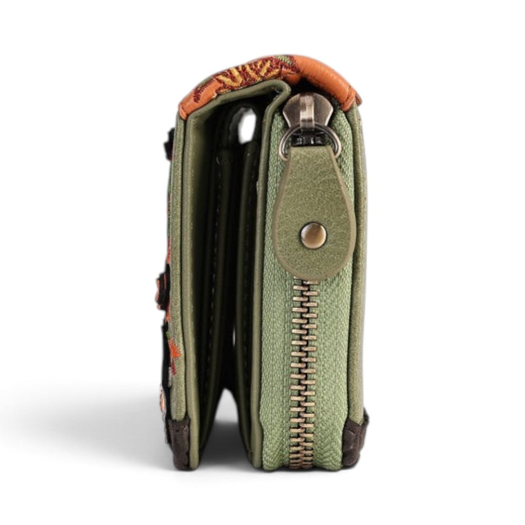 The Happy Shoe Shop Vendula London flower shop ziparound wallet in sage green vegan leather, side view.