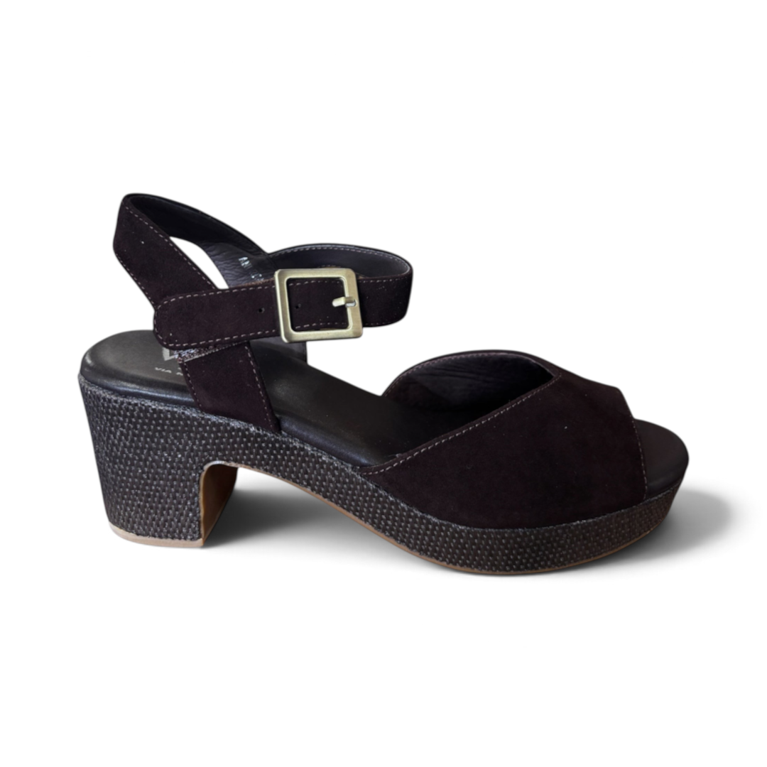 The Happy Shoe Shop Via Nova Andrea dark brown suede chunky heel sandal with buckle strap and textured block heel.