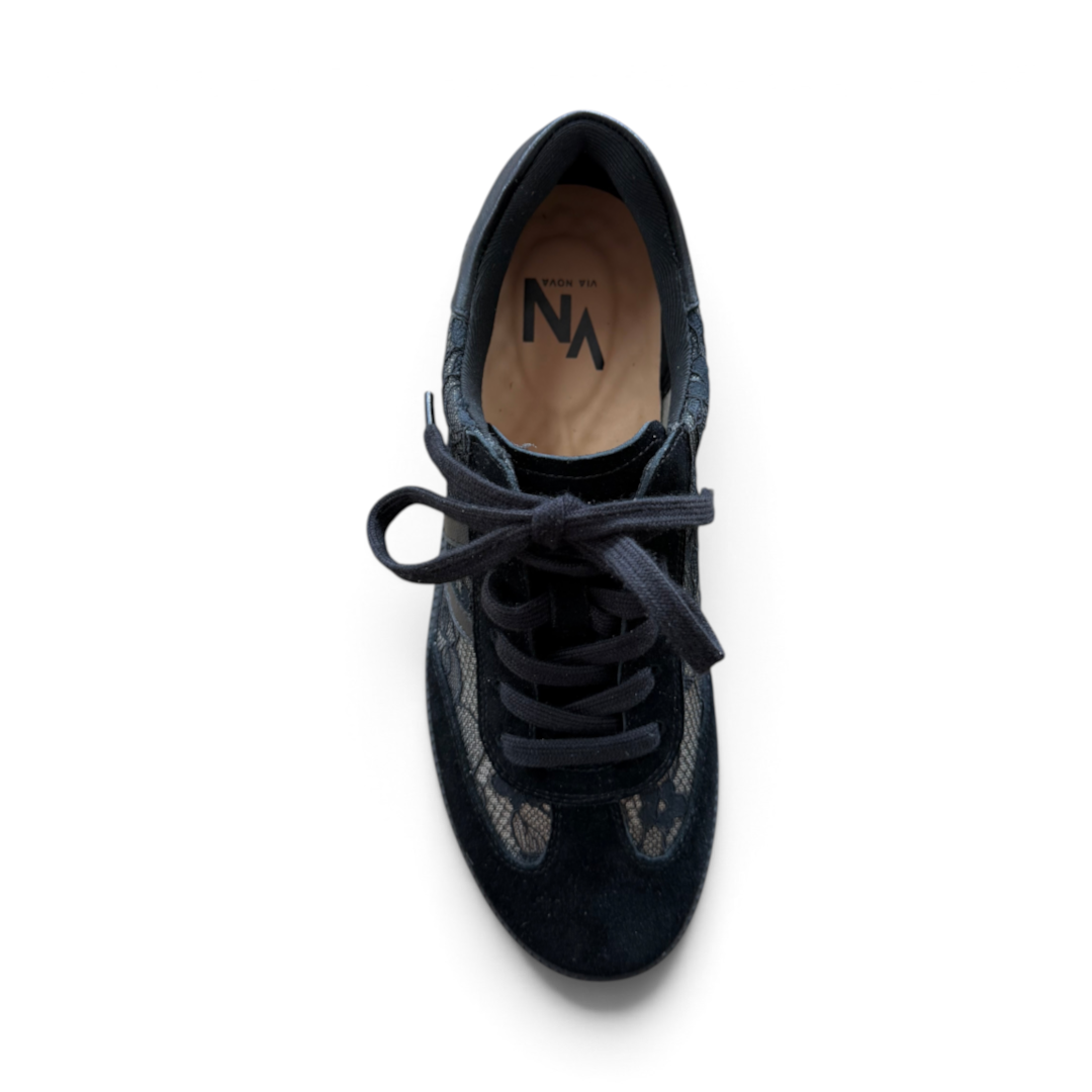 The Happy Shoe Shop Via Nova Flirt black low-top sneaker with floral lace upper and suede panels