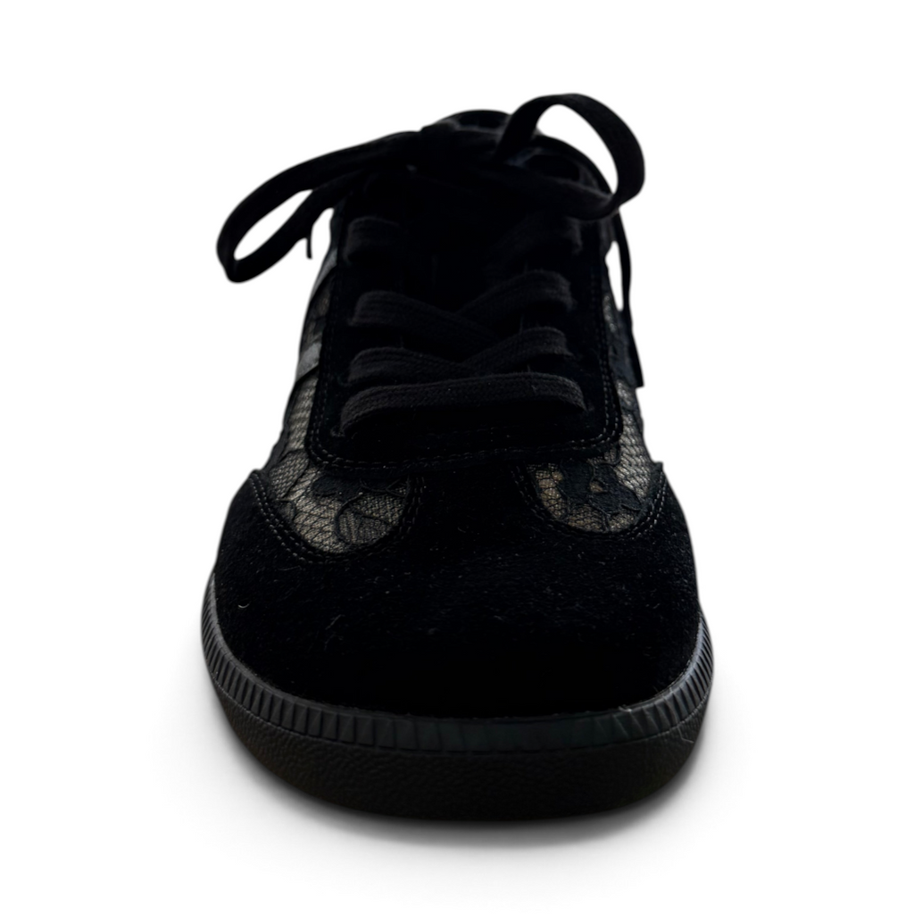 The Happy Shoe Shop Via Nova Flirt black low-top sneaker with floral lace upper and suede-like panels