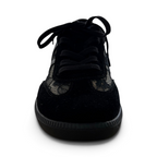 The Happy Shoe Shop Via Nova Flirt black low-top sneaker with floral lace upper and suede-like panels