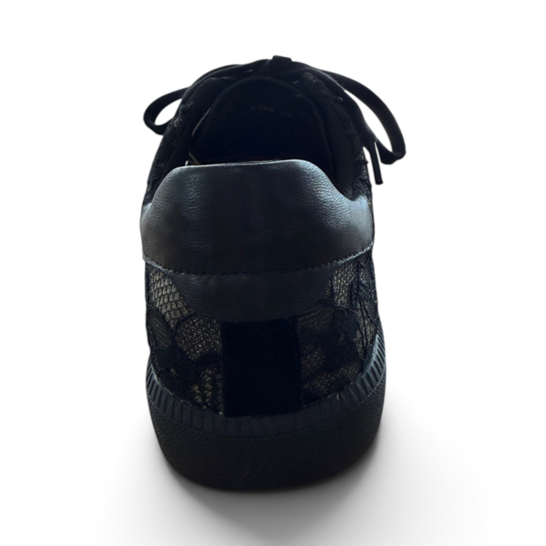 The Happy Shoe Shop Via Nova Flirt black sneaker with floral lace upper and solid heel panel, rear view.