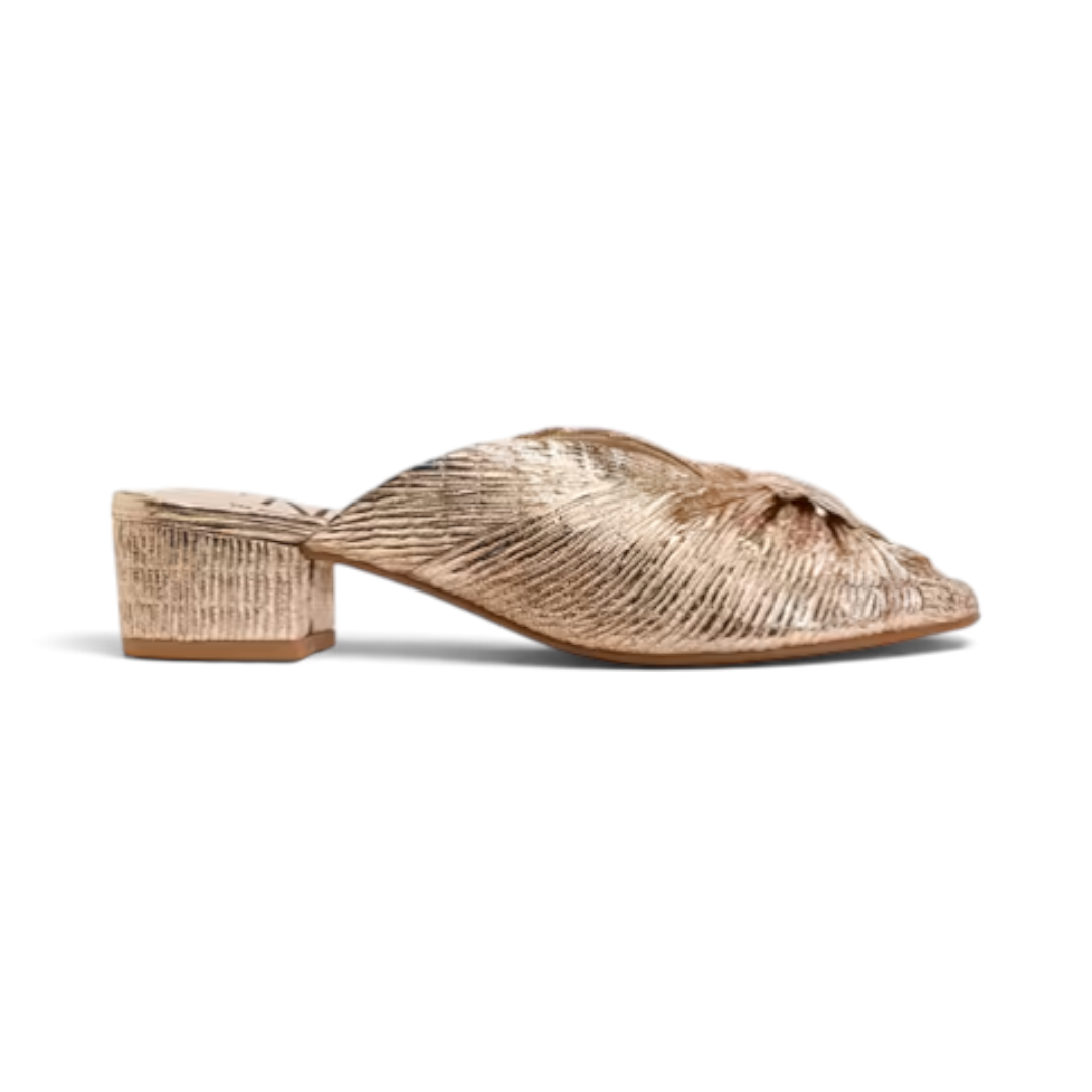 The Happy Shoe Shop Via Nova Penny dress sandal in metallic gold leather with a low block heel and knotted detail.