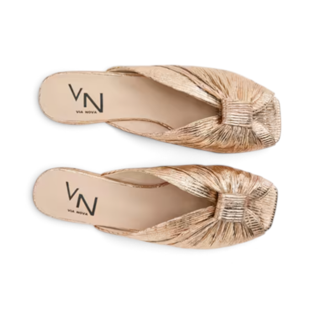 The Happy Shoe Shop Via Nova Penny dress sandals in metallic gold leather with a knotted front and low heel