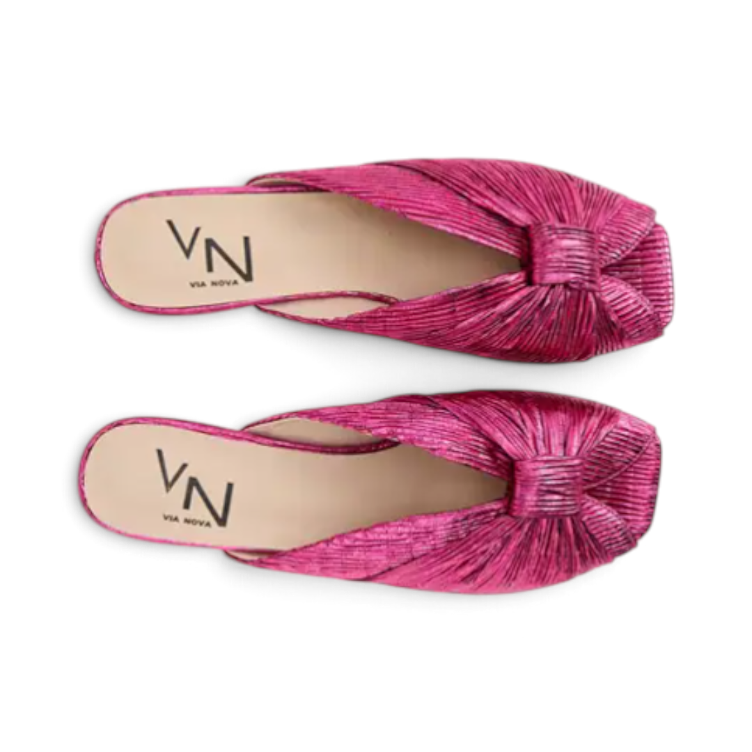 The Happy Shoe Shop Via Nova Penny dress sandals in metallic pink leather with a knotted front and low heel.