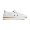 The Happy Shoe Shop Via Nova Ceas white leather perforated sneaker with side zip and tan midsole trim.
