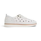 The Happy Shoe Shop Via Nova Ceas white leather perforated sneaker with side zip and tan midsole trim.