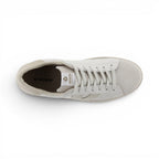 The Happy Shoe Shop Victoria Berlin white leather sneakers with suede toe detail and lace-up closure, top view.