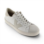 The Happy Shoe Shop Victoria Berlin white leather sneakers with suede toe and side V-detail, made in Spain.