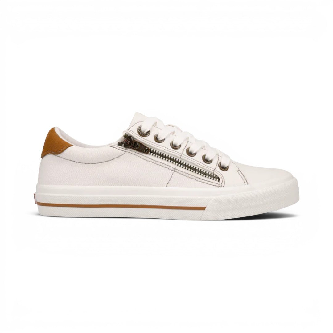 The Happy Shoe Shop Taos Z Soul white canvas sneaker with side zipper, lace-up closure, and brown heel accent.