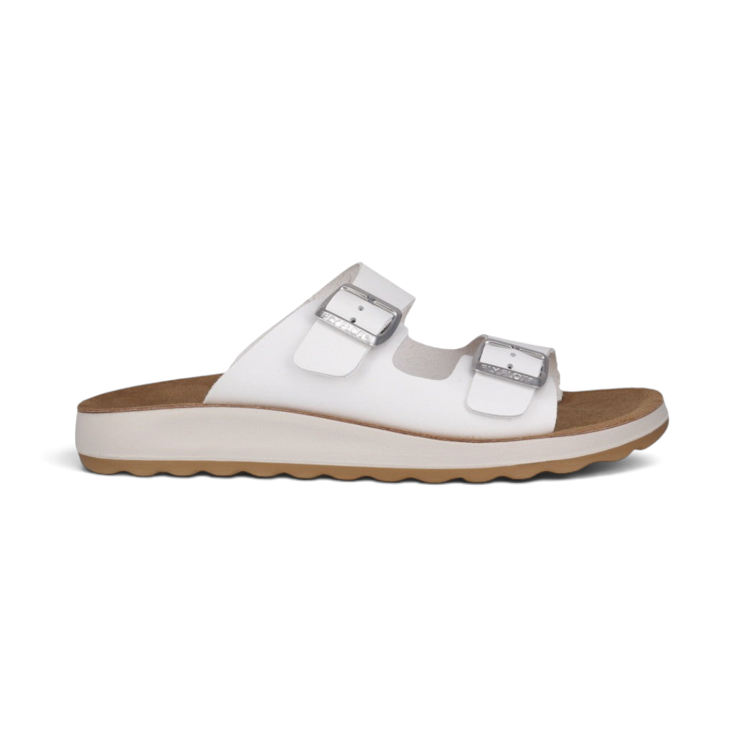 The Happy Shoe Shop Fly Flot white leather double buckle slide sandals with anatomical footbed and non-slip sole.