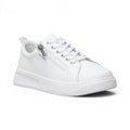 The Happy Shoe Shop white leather Nelly sneakers with platform midsole, lace-up front, and functional side zip detail.