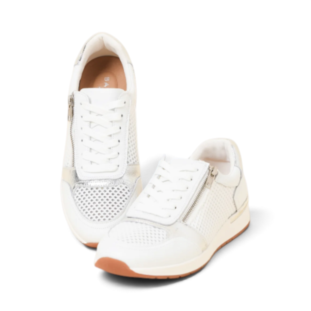 The Happy Shoe Shop Bay Lane Glebe white leather sneakers with side zip, lace-up front, and perforated texture.