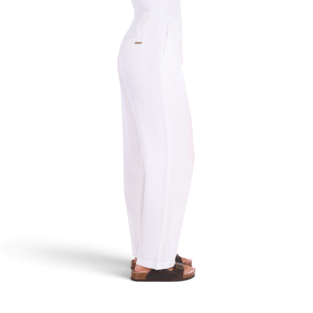 The Happy Shoe Shop Thomas Cook Eva white linen blend trousers with a relaxed leg and side view.