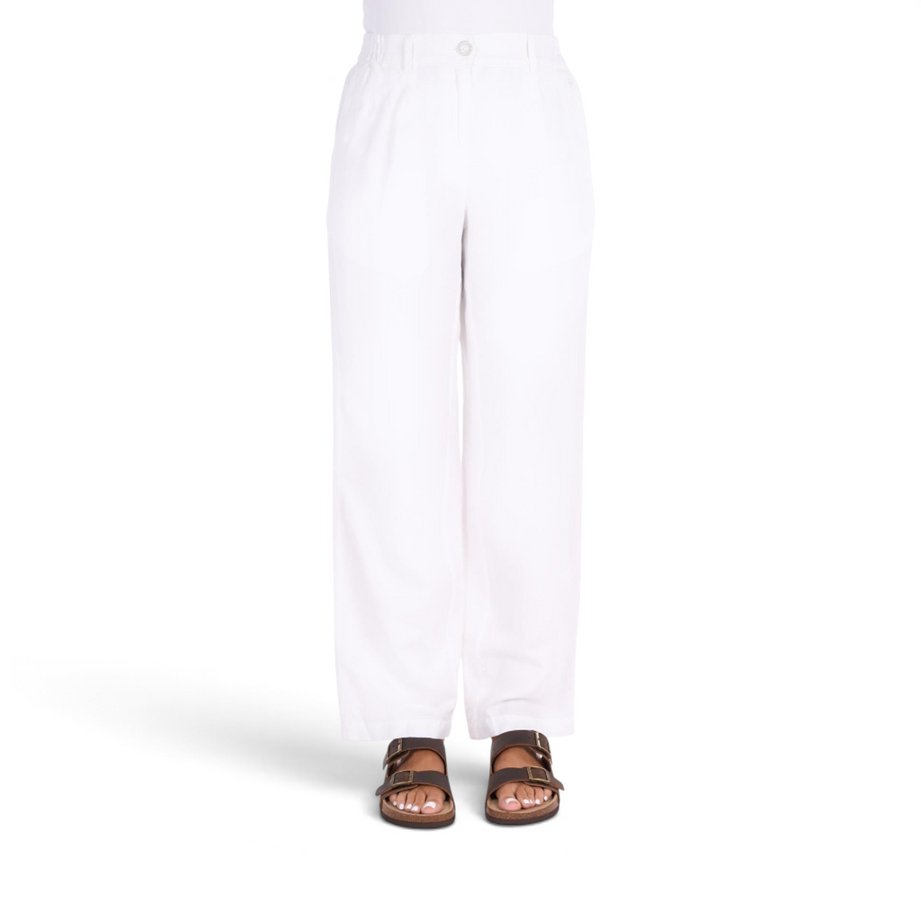The Happy Shoe Shop Thomas Cook Eva white linen blend trousers with a relaxed leg, front pleats, and elasticated sides.