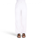 The Happy Shoe Shop Thomas Cook Eva white linen blend trousers with a relaxed leg, front pleats, and elasticated sides.
