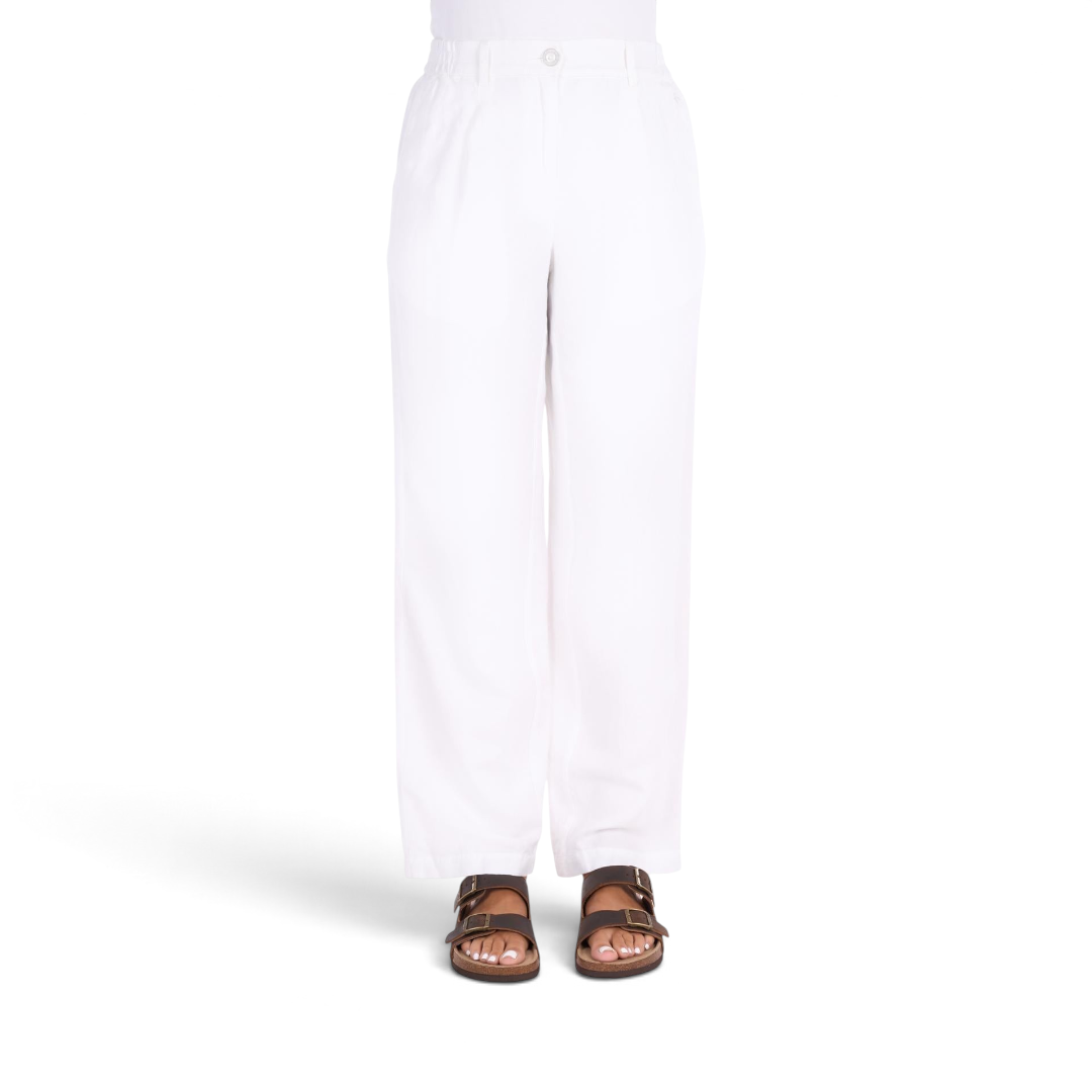 The Happy Shoe Shop Thomas Cook Eva white linen blend trousers with a relaxed leg, front pleats, and elasticated sides.