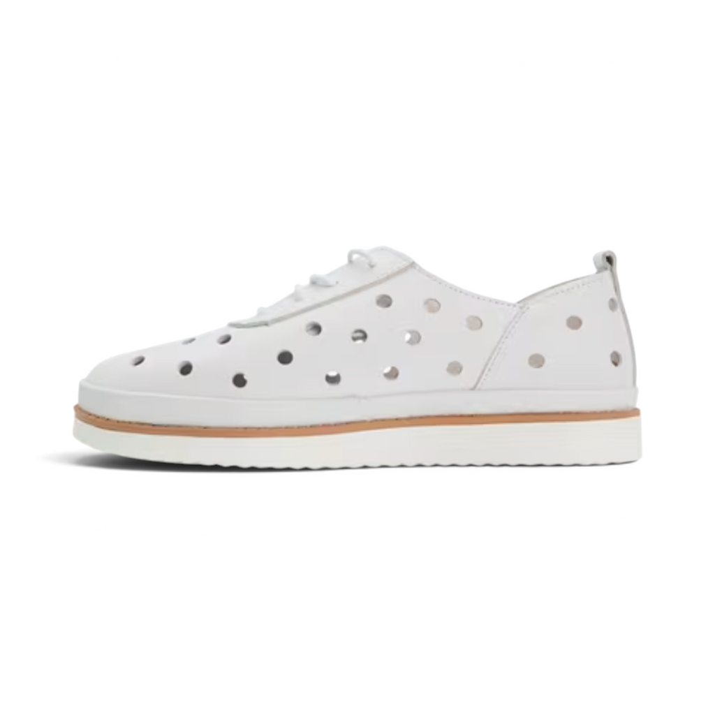 The Happy Shoe Shop Via Nova Ceas white leather perforated sneakers with a tan midsole trim and lace-up design.