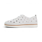The Happy Shoe Shop Via Nova Ceas white leather perforated sneakers with a tan midsole trim and lace-up design.