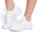 The Happy Shoe Shop Emu SpringBrook white Merino wool sneakers with lightweight knitted mesh upper on model feet