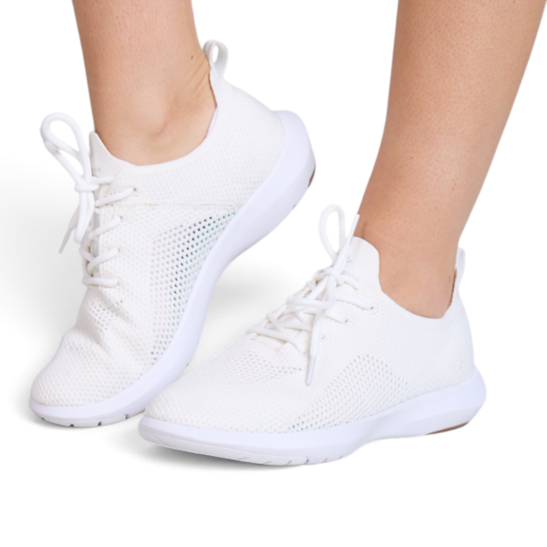 The Happy Shoe Shop Emu SpringBrook white Merino wool sneakers with lightweight knitted mesh upper on model feet