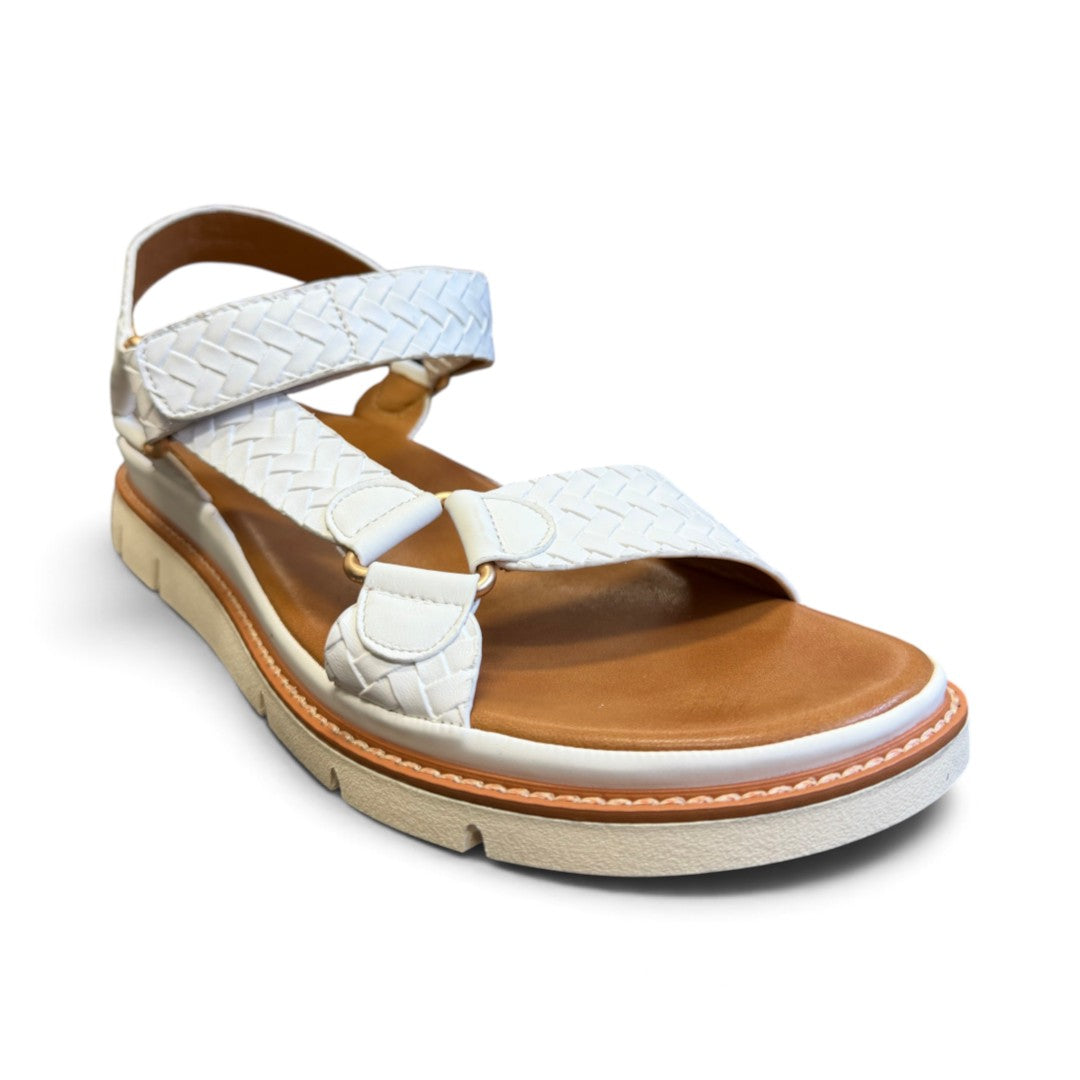 The Happy Shoe Shop Soultbush Harbour sandal in white woven leather-look material with gold hardware and tan footbed.