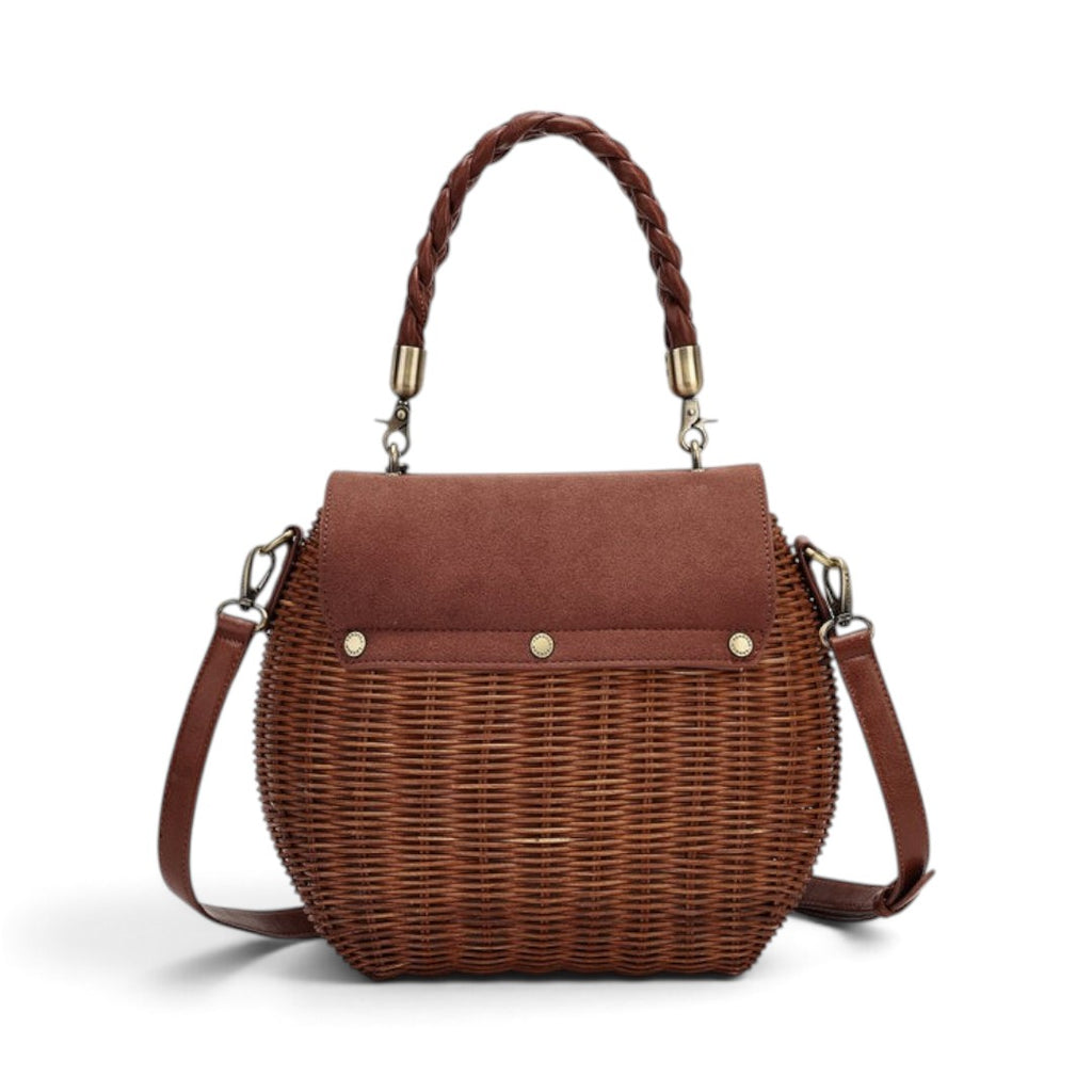 The Happy Shoe Shop Vendula London flower shop basket bag in amber with a wicker body and plaited vegan leather handle