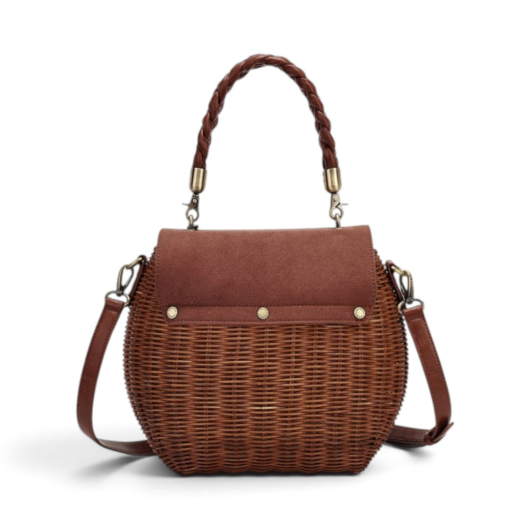 The Happy Shoe Shop Vendula London flower shop basket bag in amber with a wicker body and plaited vegan leather handle