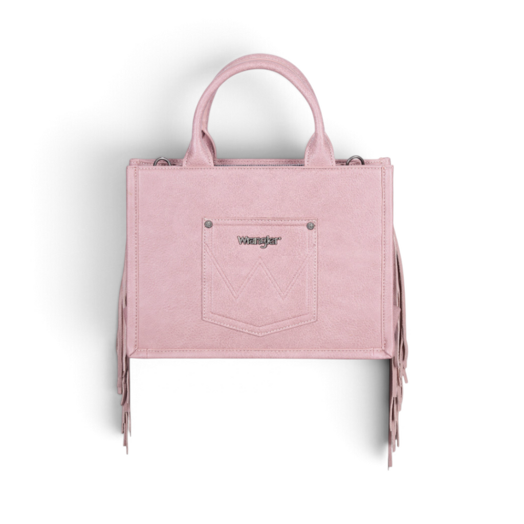 The Happy Shoe Shop Wrangler Adelyn bag in pink with side suede fringe, top handles, and metal logo badge.