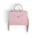 The Happy Shoe Shop Wrangler Adelyn bag in pink with side suede fringe, top handles, and metal logo badge.