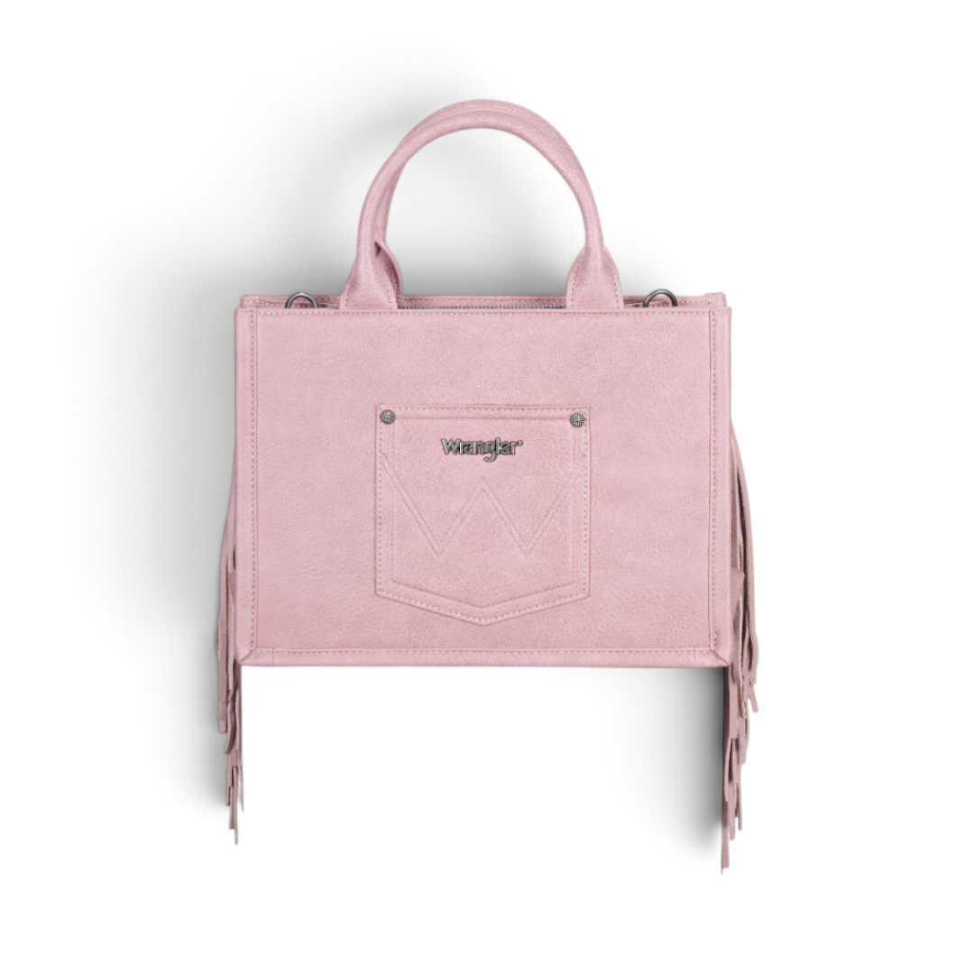 The Happy Shoe Shop Wrangler Adelyn bag in pink with side suede fringe, top handles, and metal logo badge.