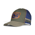 The Happy Shoe Shop Wrangler Fritz olive and blue cotton 5-panel cap with a mock leather rider logo patch.