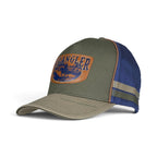 The Happy Shoe Shop Wrangler Fritz olive and blue cotton 5-panel cap with a mock leather rider logo patch.