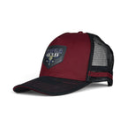 The Happy Shoe Shop Wrangler Odin trucker cap in burgundy and black with a branded patch and breathable mesh back.