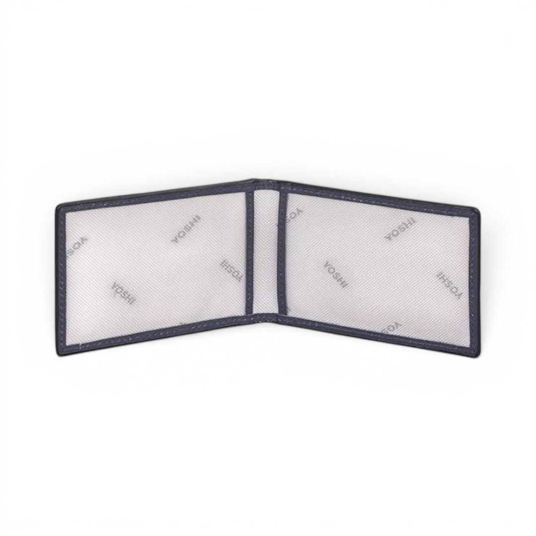 The Happy Shoe Shop Yoshi Jane Austin navy leather travel pass holder with clear windows and book spine applique.