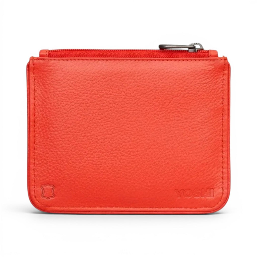 The Happy Shoe Shop Yoshi red leather zip-top coin purse with embossed branding and secure zipper closure.